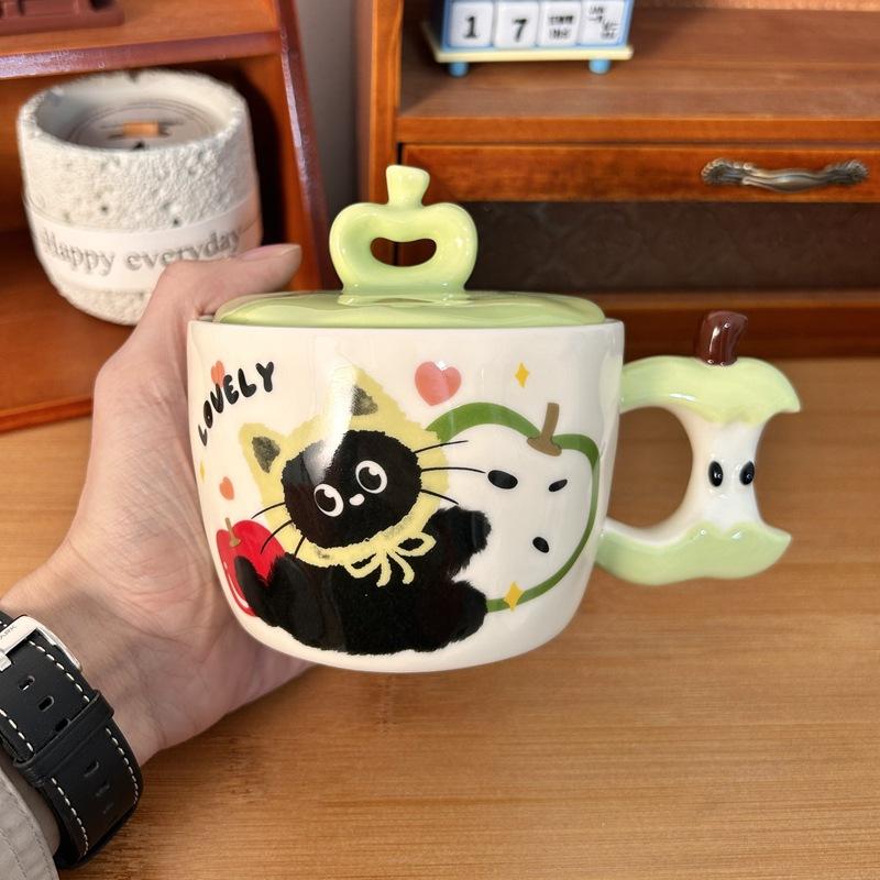 ספל חתול תפוח יצירתי עם מכסה, כוס קרמיקה חמודה בעלת ערך גבוה, ספל מזכרת, מתנה לחג המולד