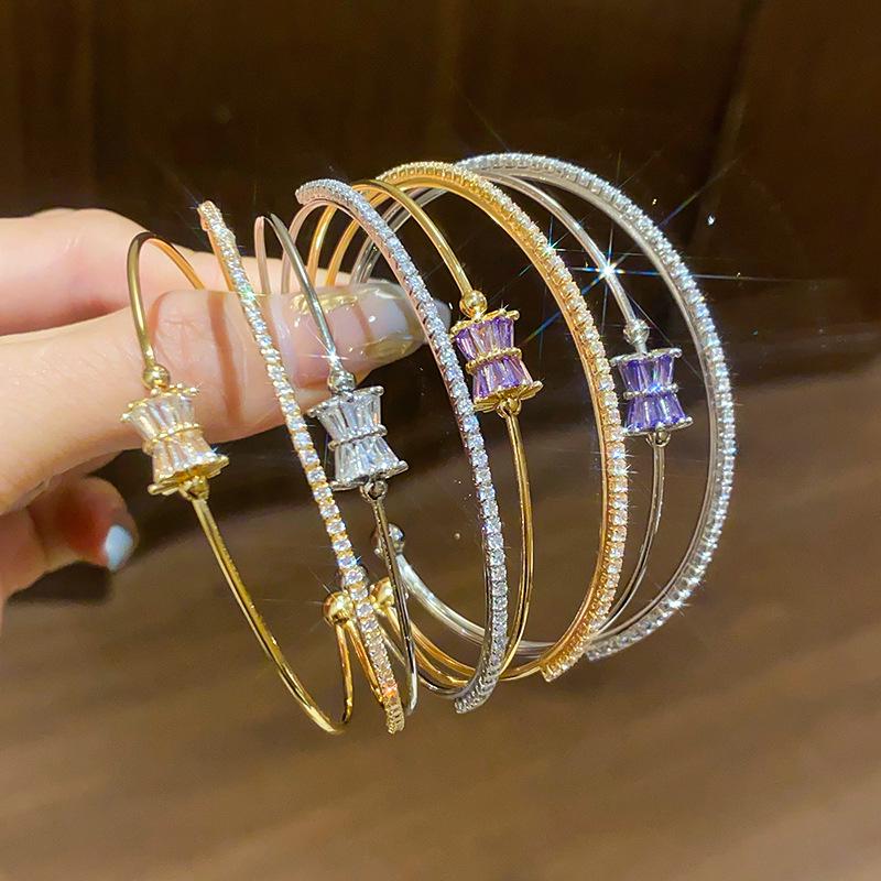 Korean Zircon Round Open Bangle - Elegant and Versatile Women's Jewelry