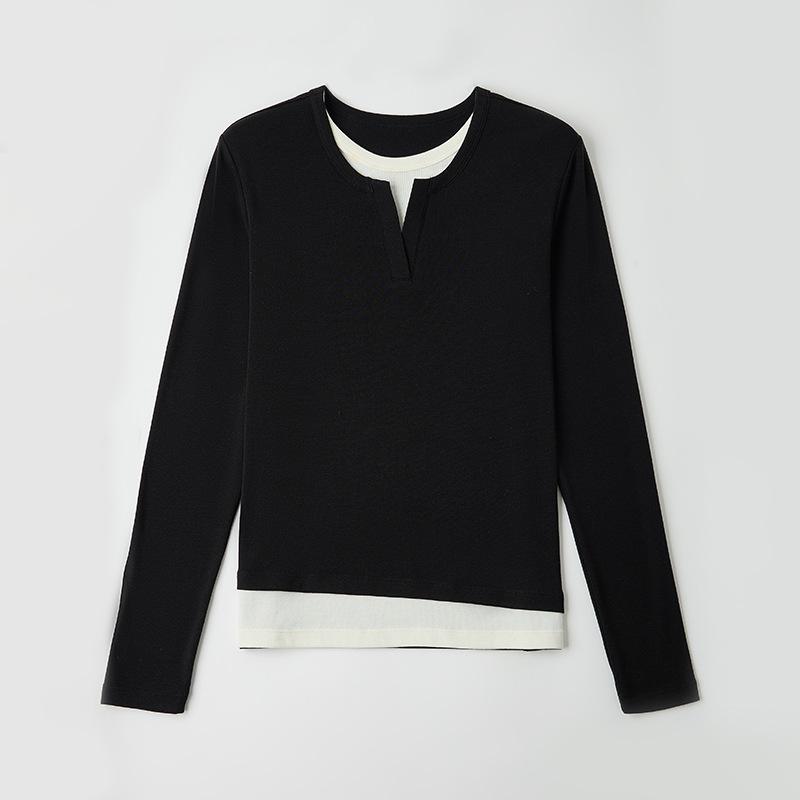 

Niche design sense Tencel wool contrasting color fake two-piece long-sleeved shirt autumn new thin bottoming shirt women S