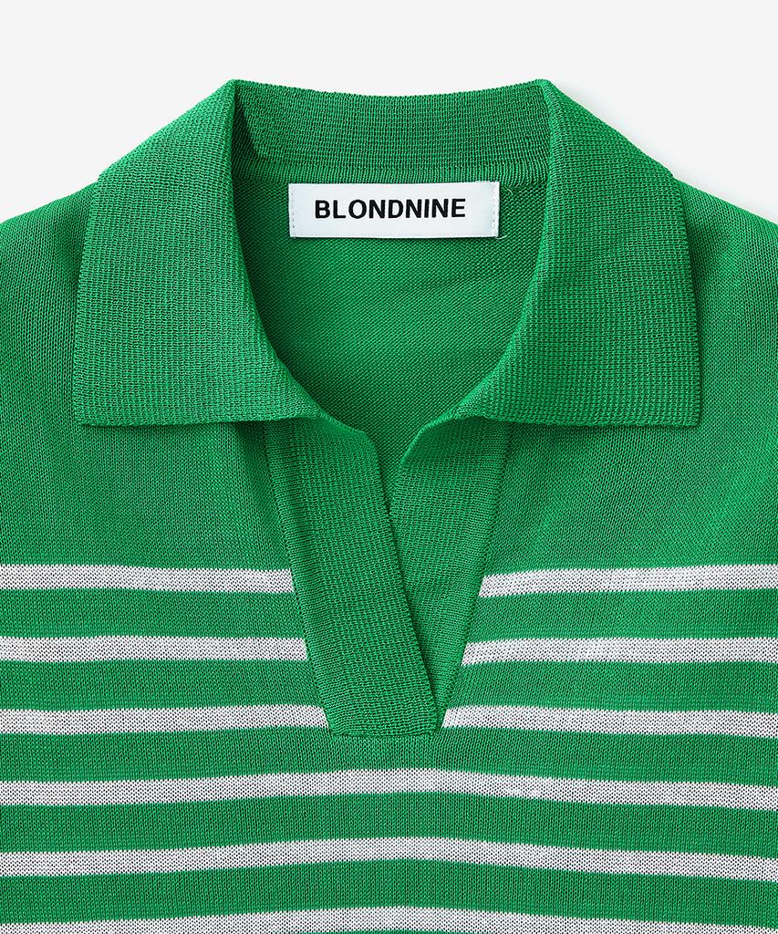 BLOND9 Cool Stripe Collared Short Sleeve Knit_Green