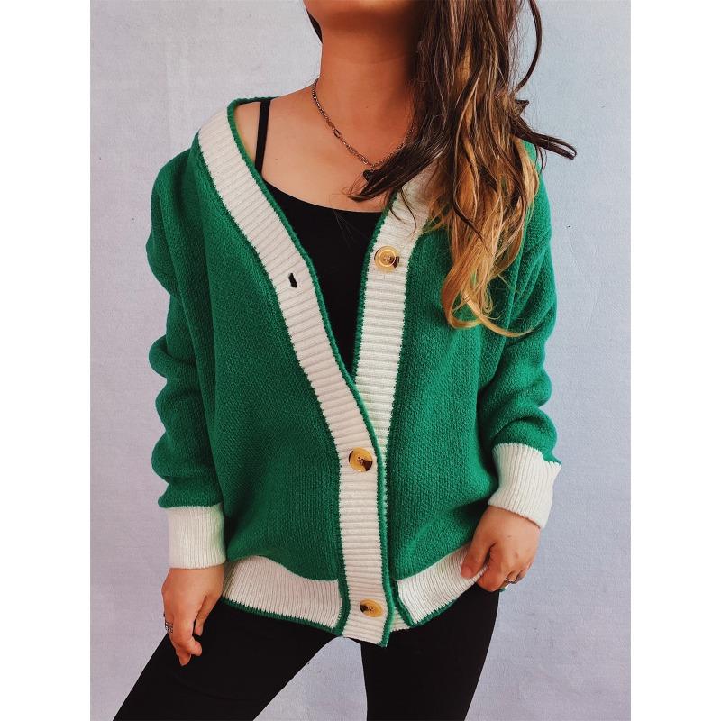 Color Blocking Cardigan V-neck Sweater Women's Loose Knitted Coat Large Size Knitwear Soft Fabric Warm Comfortable Harajuku Style Autumn Winter