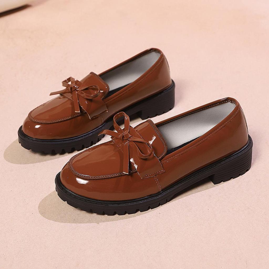 Womens Patent Leather Shoes Women Loafers British Tassel Casual Female Flat Shoes Bowknot Comfortable Small Leather Shoes