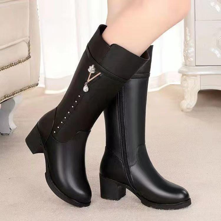 Womens Ankle Boots High Quality Leather Casual Boot Fashion High Heeled Ankle Boots for Women Plush Warm Winter Boot