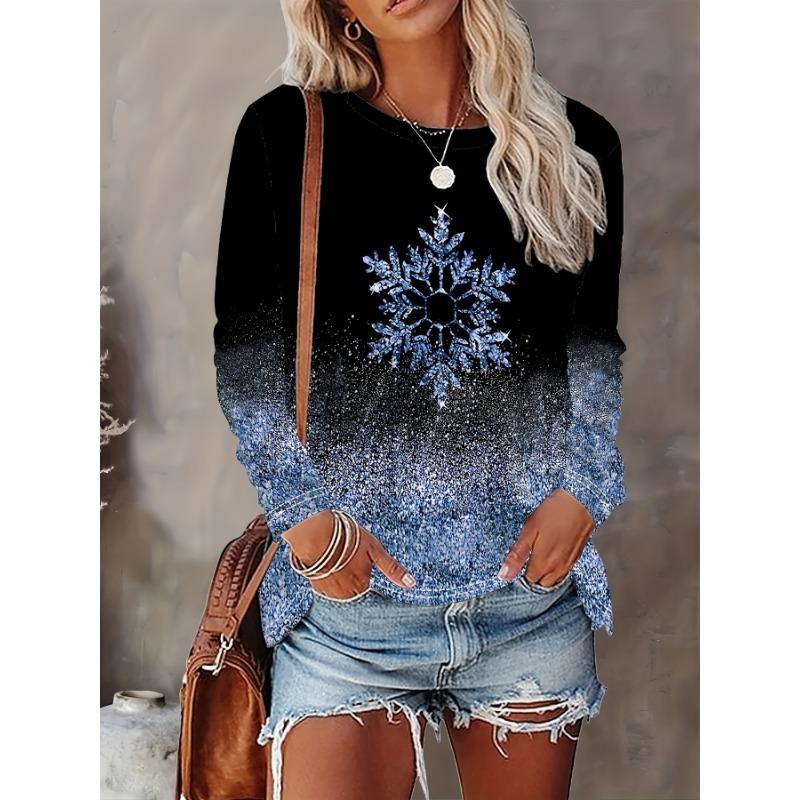 Christmas Theme Snowflake 3D Print O-Neck Long Sleeve T-Shirt Fashion Women Clothing Casual Y2k Clothes Harajuku Female Clothing