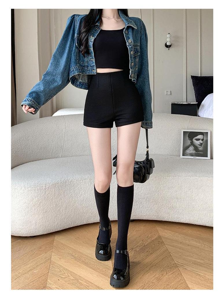 Shorts Casuais de Verão Femininos Pretos de Cintura Alta Emagrecedores - Hot Pants Versáteis Estilo Traje Romano