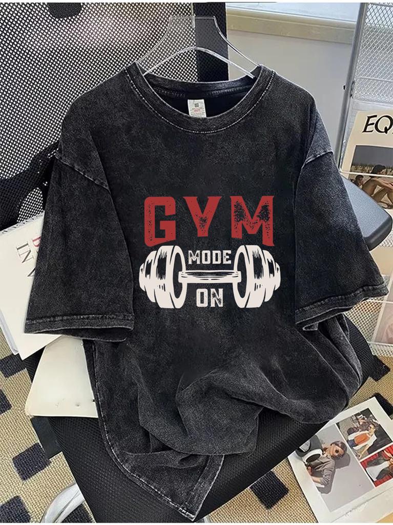 Korean Style GYM MODE ON Graphic Shortsleeved TShirt Oversized Cotton Tee Trendy Ins Aesthetic Streetwear for Men Women