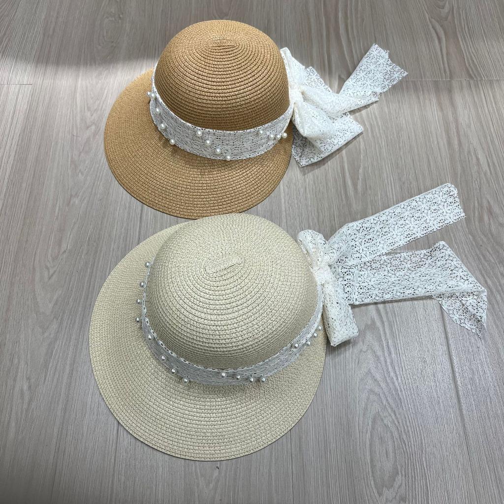 French new pearl bow flat top straw hat women's spring and summer beach sunshade sunscreen hat holiday style top hat