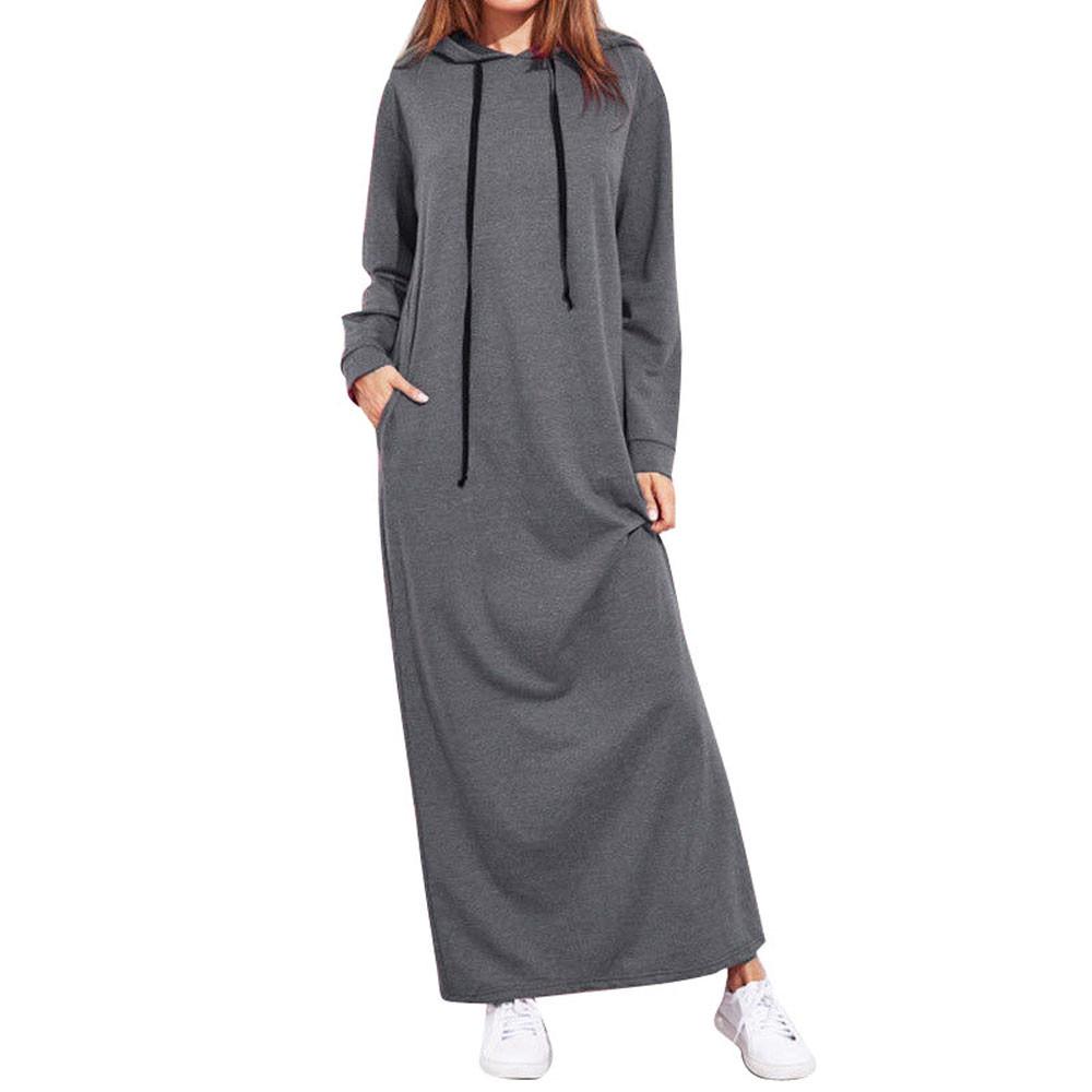 Women Maxi Dress Long Sleeve Hooded Ladies Casual Hoodies Long Dresses