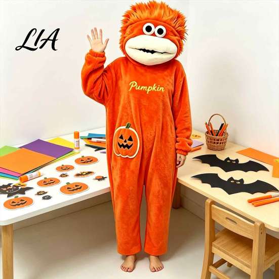 Cartoon Creature Costume Big Mouth Onesie Pajamas, Halloween Pumpkin Fleece Loose Fit Pajamas Hooded Unisex One Piece Sleepwear Loungewear