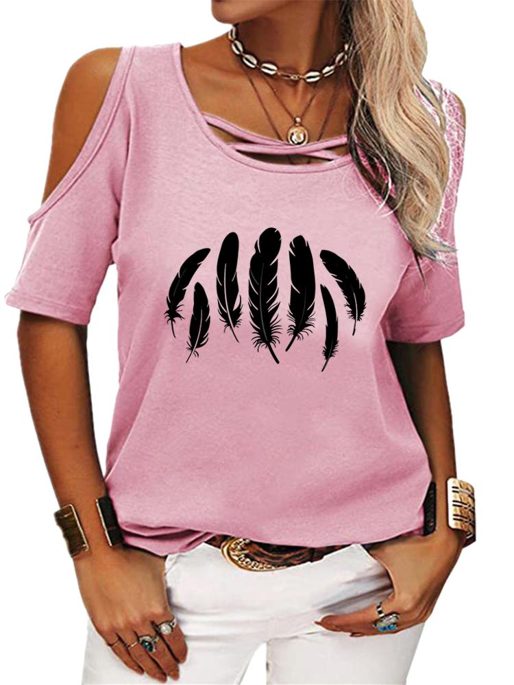 Women Casual Short Sleeve Shirt Summer O Neck T-shirt Ladies Fashion Print Off Shoulder Top