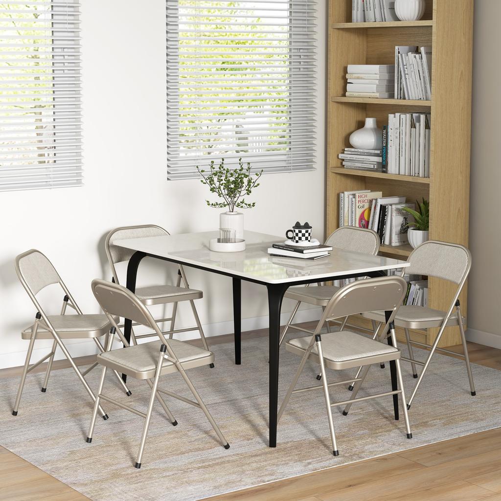 Set of 6 Folding Chairs, Portable Office Chairs, Steel Legs, Folding Chair for Office, Reception, Waiting Room, Linen Look Beige