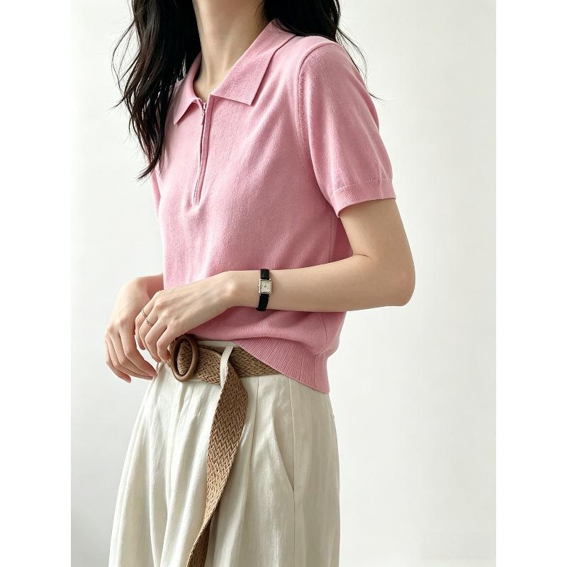 Summer Semi-zipper Design Knitted Sweater Women's French Lapel Chic Short-sleeved Bottoming Shirt Short Top
