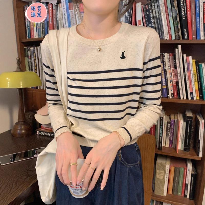 Chic temperament Early autumn crew neck retro high-end striped embroidered inner long-sleeved knitted bottoming shirt women's top
