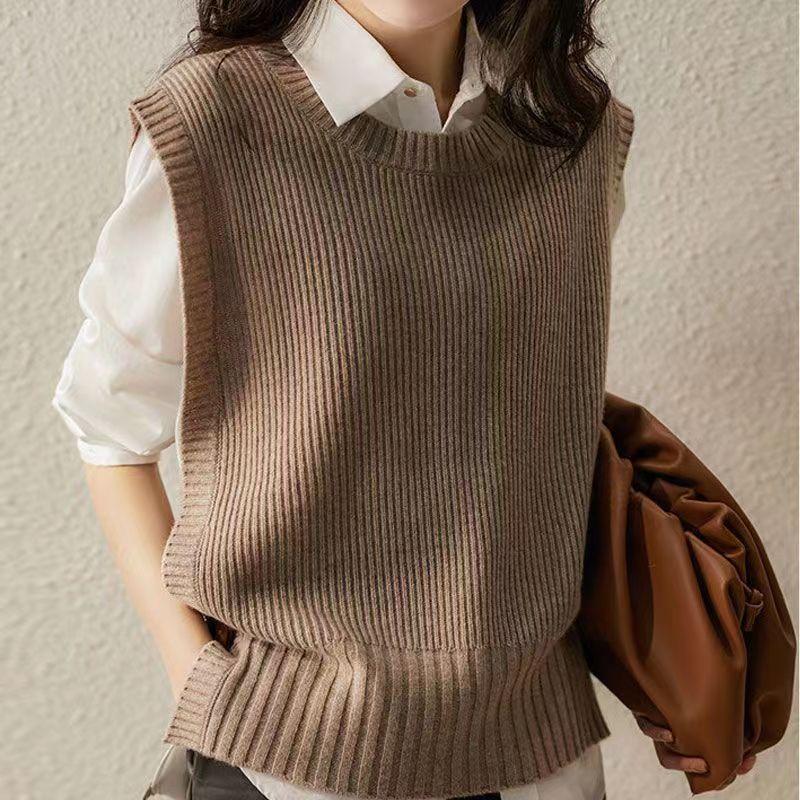 Women's Round Neck Pullover Knitted Vest Loose Casual Outerwear Sleeveless Cardigan Vest Outer Wear Lazy Style Top