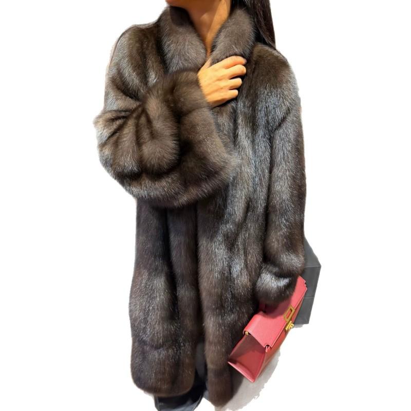 Womens Faux Fur Coat Loose Fit Long Length Stand Collar Warm Winter Outerwear Solid Color