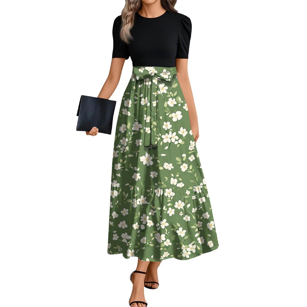 Ladies Fashion Casual Belt Short Sleeve Round Neck Floral Print Splicing Elegant Temperament Dress
