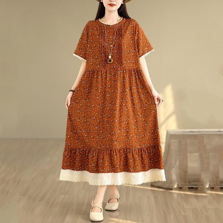 Plus Size Women Casual Loose Long Vintage Floral Summer Dress Short Sleeve Cotton Linen New In Dresses