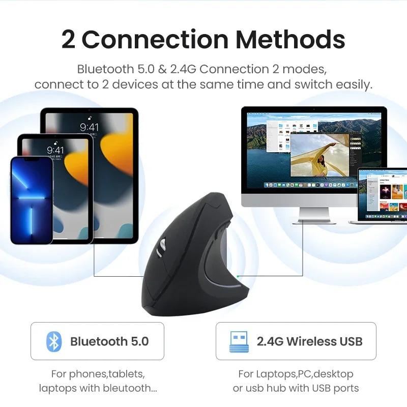 2.4G Vertikální Bezdrátová Bluetooth 5.0 Myš Ergonomická Dobíjecí Myš RGB 1600 DPI Tichá Myš pro PC Laptop Stolní počítač