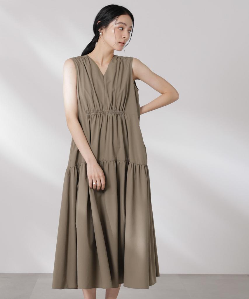 Nano Universe MINOTECH Gathered Tiered Size S (R) V-Neck Dress, Women's, (180), Khaki, 669-5119315