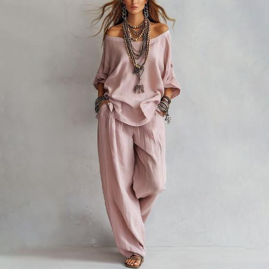Yousheng Two Piece Matching Lounge Sets for Women Casual Off Shoulder Long Sleeve Top And Wide-Leg Pants Summer Boho Outfits