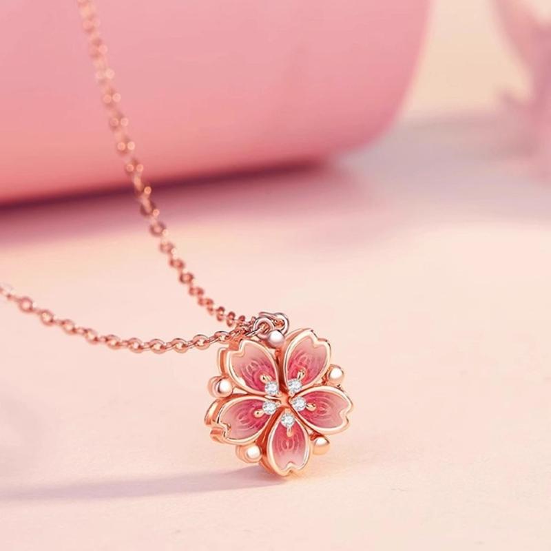 1PC Peach Blossom Two-in-one Necklace, Rose Gold Rhinestone Petal Pendant, Versatile Daily Wear Women's Neck Chain