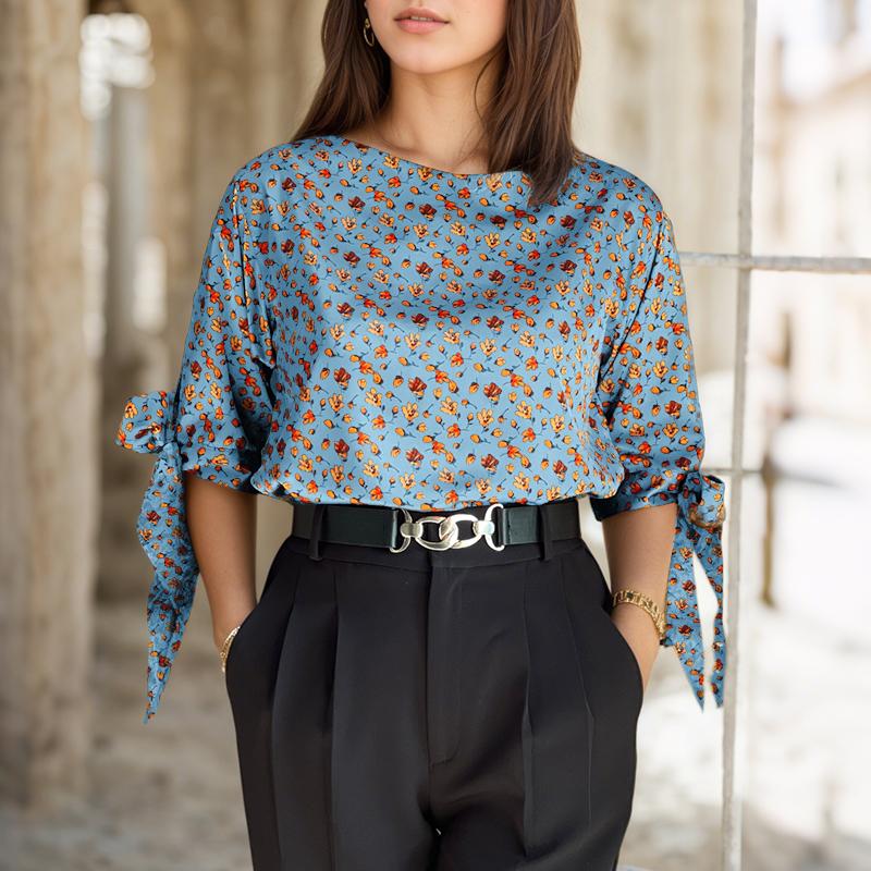 

ZANZEA Женская повседневная блузка с круглым вырезом, шнуровкой, рукавом до локтя, свободного кроя, с принтом 3XL темно-синий