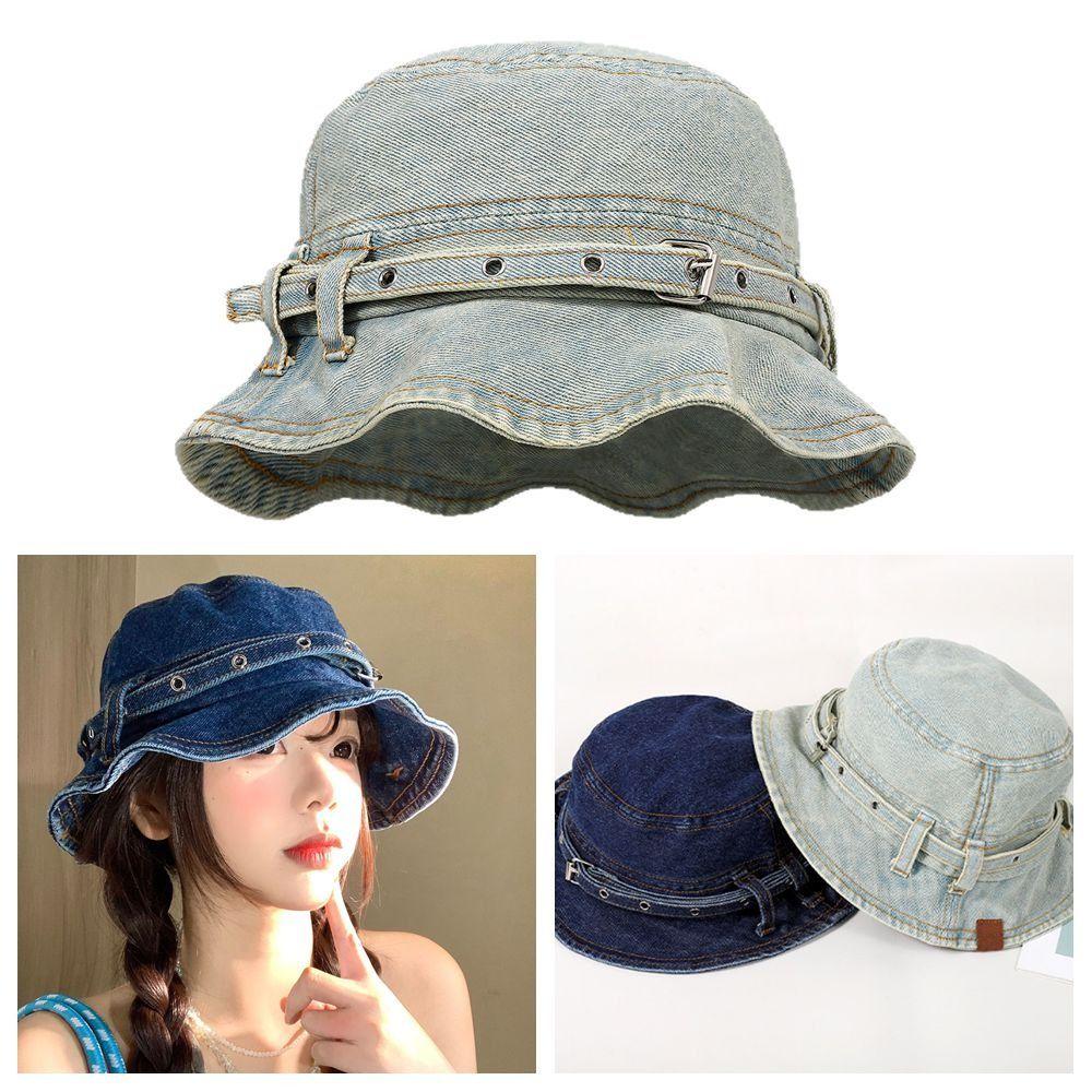 Retro Style Wash Denim Bucket Hats Wash Denim Belt Design Belt Design Caps Versatile Design Sun Protection Japanese Retro Caps