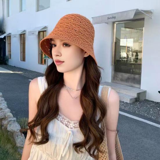 Summer Basin Hat Crochet Hollow Design Sun Protection Hat Wide Brim Back Slit Design Lace-up Knitted Outdoor Cap