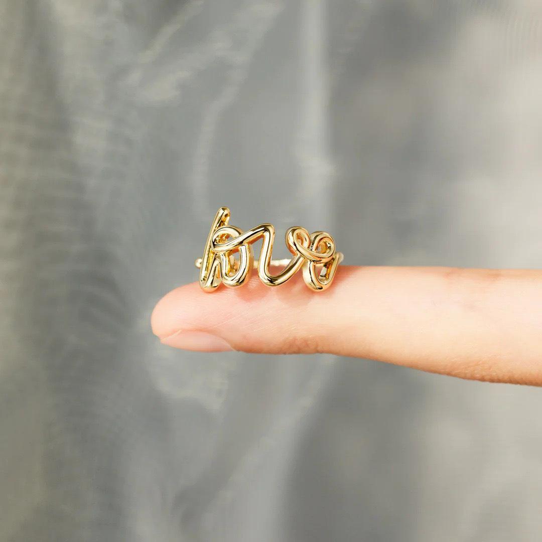 S925 Sterling Silver LOVE Letter Ring for Women - European  American Style, Fashionable Index Finger Accessory Size 8 золотой