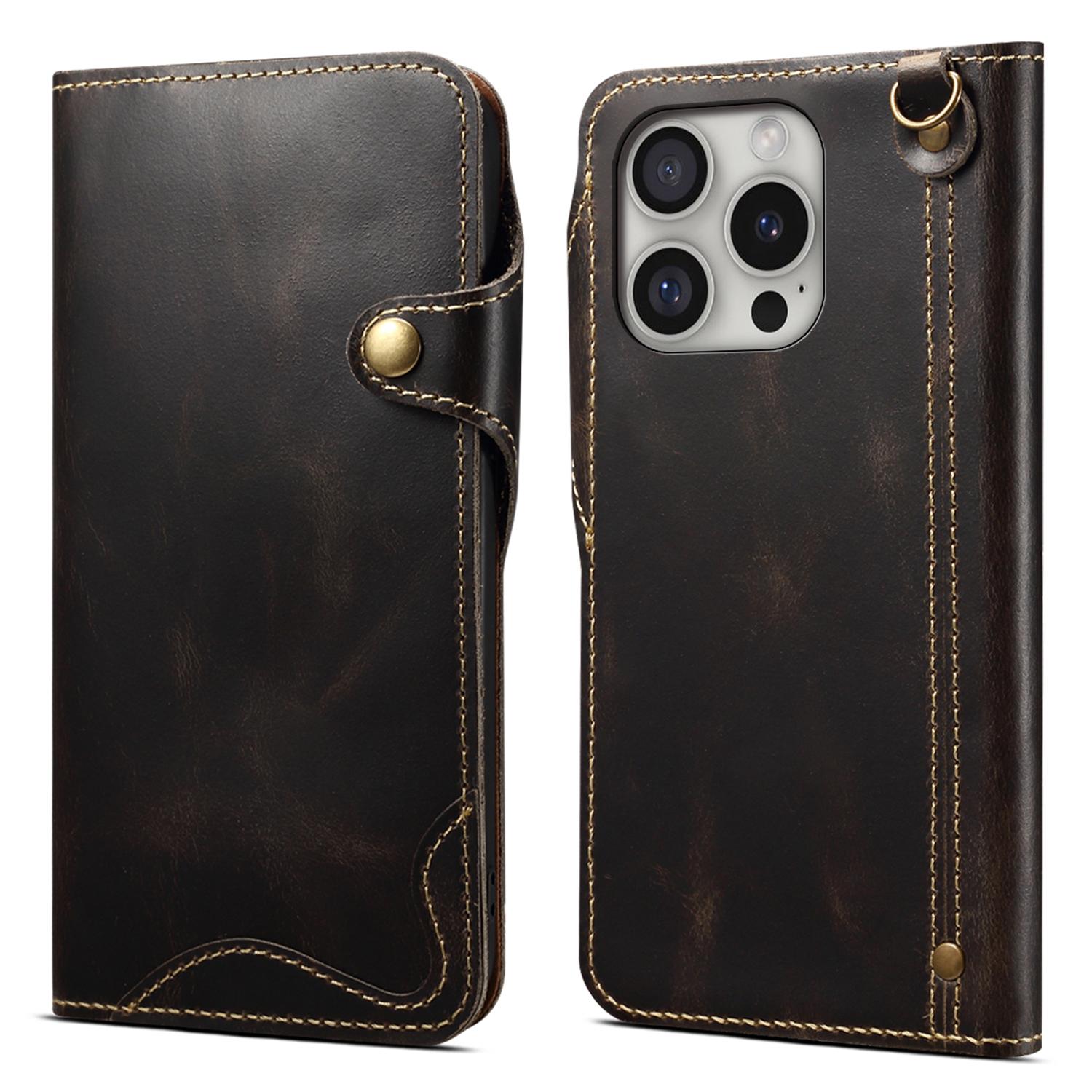 

Для iPhone 16 Pro Чехол Восковая Натуральная Коровья Кожа Телефон Кошелек Противоударная Крышка Black