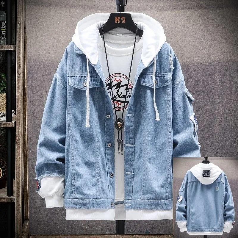 FiveFive Весенняя и осенняя куртка Мужская модная повседневная мужская однобортная джинсовая куртка с капюшоном и разрезами S светло-синий