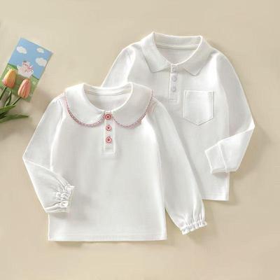 New Kids' Long Sleeve Polo Shirt - Pure Cotton, White, Lapel Design for Spring & Autumn