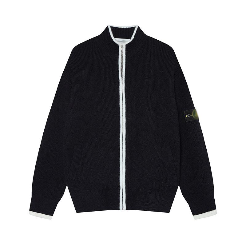 Unisex Herbst/Winter Steinfarbener Reißverschluss-Strickjacke: Stehkragen, Abzeichen-Detail, Colorblock-Strickpullover