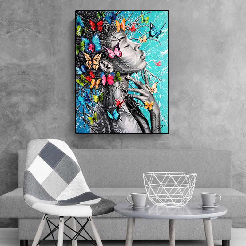 African Black Women Butterfly Graffiti Art Oil Painting Abstract Poster Printing Living Room Wall Art Picture