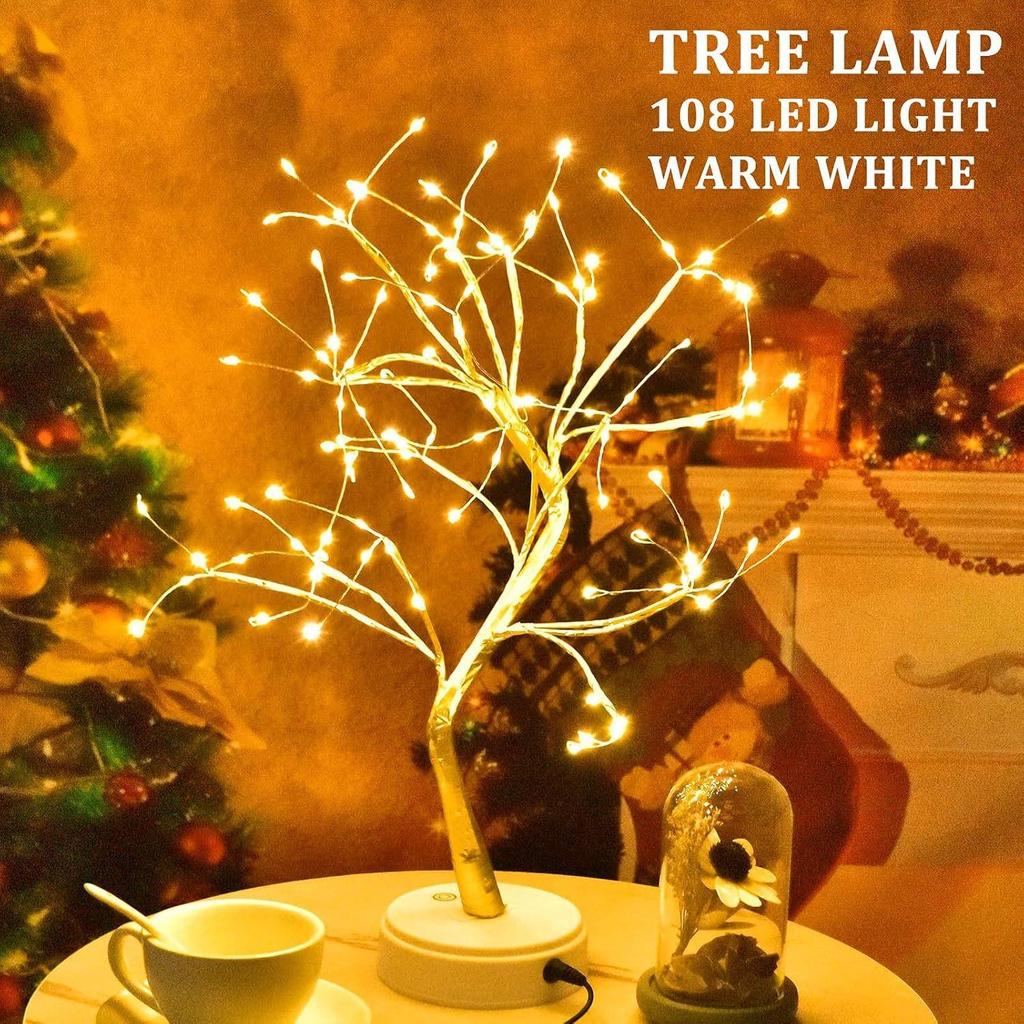LED Bonsai Tree Lamp: Silver Branches with Pearls and Gold Leaf, Perfect for Christmas or Night Lighting
