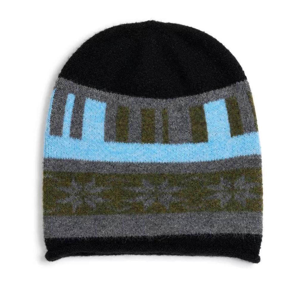 Winter Retro Fair Isle Jacquard Knitted Hat Women Plush Rolled Cuff Thickened Warm Beanie Pullover Cap