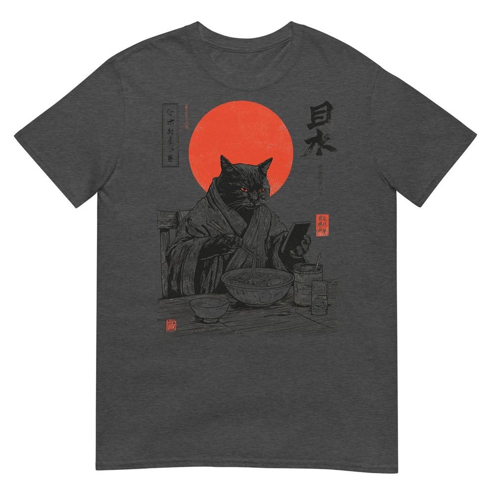 Samurai Cat Eat Raunisex Scroll Phone Japanese Food Humor Art Tshirt