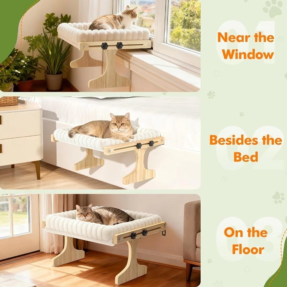 Lit de fenêtre pour chat avec cadre en bois Coussin en peluche Hamac pour chat Meubles pour animaux de compagnie Perchoir pour chat Hamac Utilisation à domicile