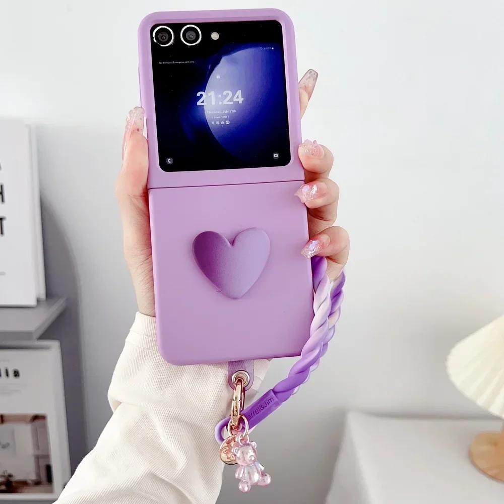 Luxury Candy Color 3D Love Heart Matte Phone Case for Samsung Z Flip 7 6 5 Gradient Bear Wristband Lanyard Shockproof protect Cover Samsung Flip7