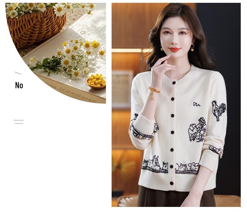 Women's Autumn Wool Cardigan - Letter Embroidery & Animal Knit Design, Round Neck, Long Sleeve