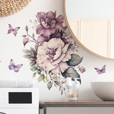 Purple Flowers Butterfly Wall Stickers Living Room Bedroom Background Decor Mural Bathroom Home Decoration Self-adhesive Decals