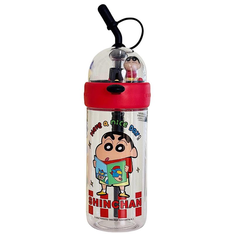 X&W Crayon Shin-Chan Plastic Water Bottle Transparent Straw Cup with Creative Toy Lid Summer Milk Tea Juice Water Cup for Kids