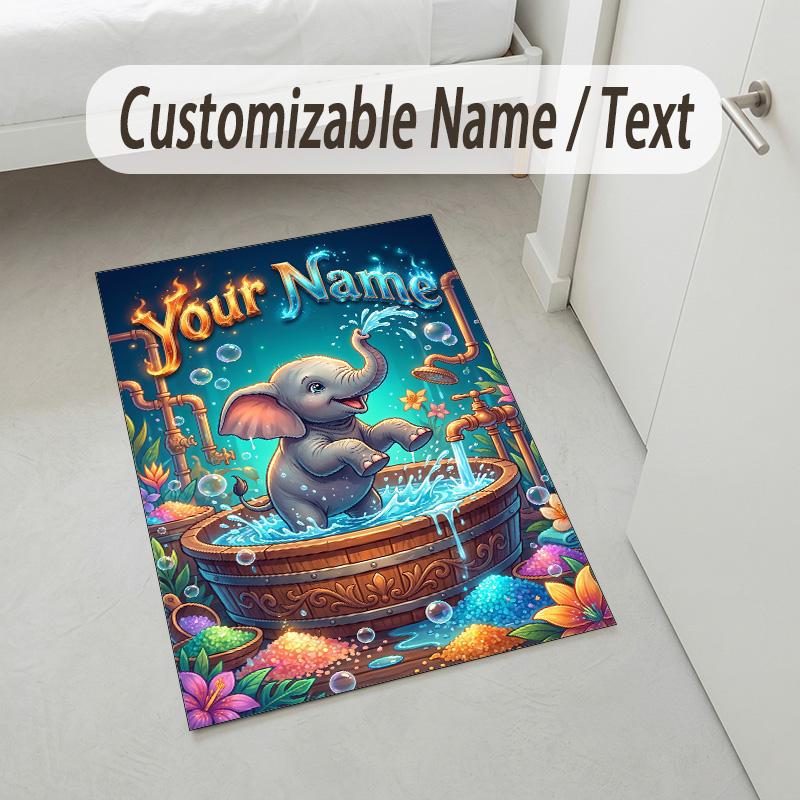 Alfombra de Terciopelo de Cristal con Temática de Elefantes, Personalizada con Nombre y Texto, Alfombrilla Suave para el Suelo, Decoración del Hogar