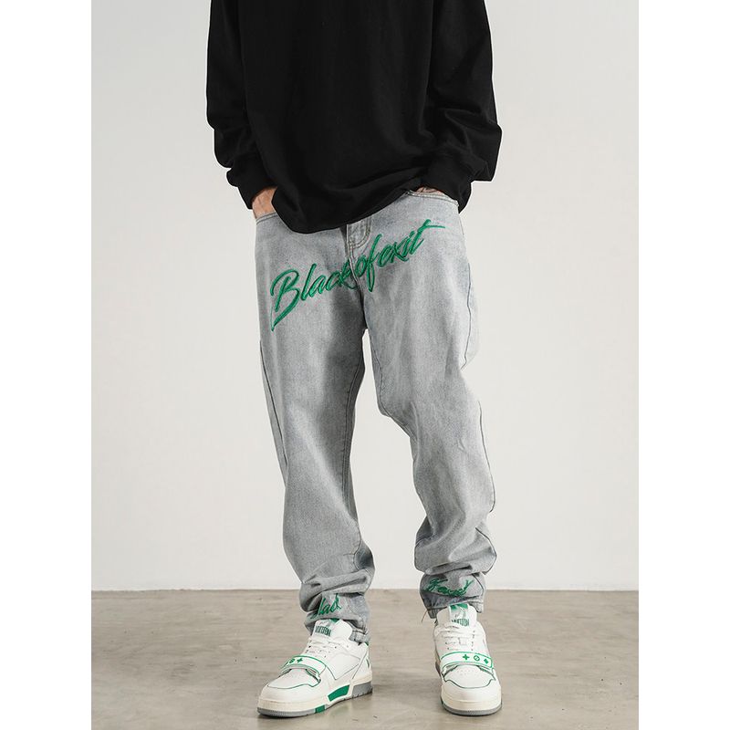 Black of Exit American Street Retro Embroidered Fitted Skinny Jeans for Men and Women Hip-Hop Slimming Long Pants