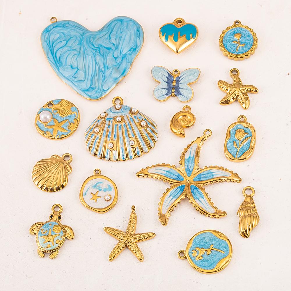 2pcs Stainless Steel Blue Enamel Marine Anklet Charms Bohemia Pendant Base for DIY Earrings Necklaces Vacation Jewelry Findings