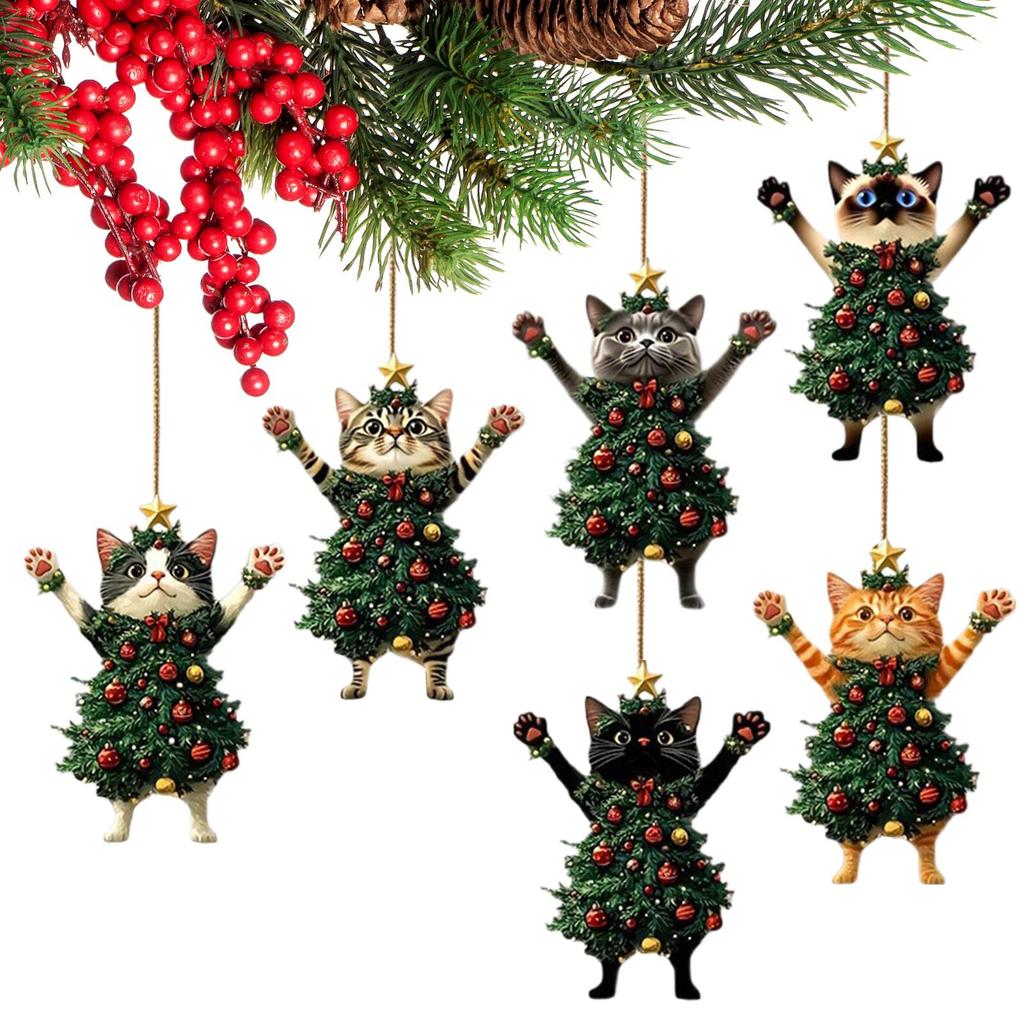 6PCS Christmas Tree Pendants Cute Cat Hanging Ornaments 2D Flat Wooden Pendant For Car Backpack Xmas Tree Decorations Party