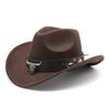 Western Cowboy Hat Tibetan Ethnic Style Top Hat Bull Head Flower Belt Felt Hat Men'S And Women'S Rolled Brim Hat