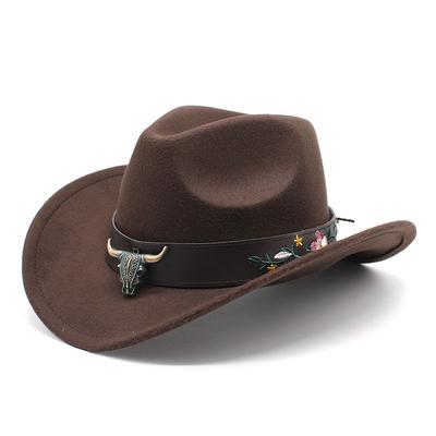 Western Cowboy Hat Tibetan Ethnic Style Top Hat Bull Head Flower Belt Felt Hat Men'S And Women'S Rolled Brim Hat
