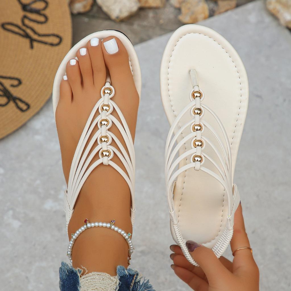 Women's Toe-Through Strap Solid Color Bohemian Fashion Vacation PU Cover Beaded Cross Strap Flat Sandals for Party Beach Outdoor Summer, Women Shoes