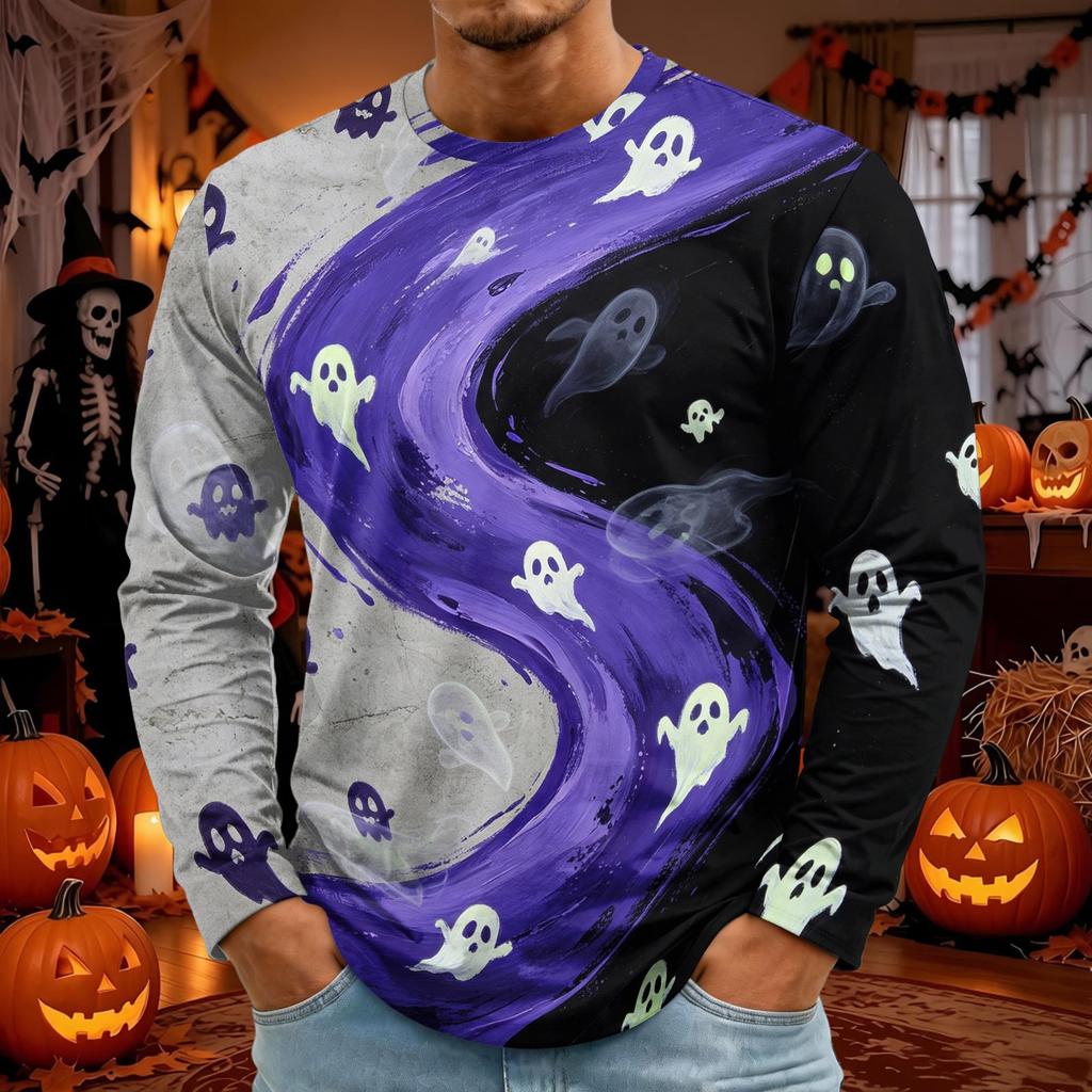 Men's Halloween Print Long Sleeve Neck T-Shirt for Holiday Party